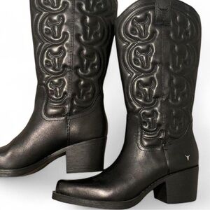 Windsor Smith Black Embossed Leather Knee-High Cowboy Boots
